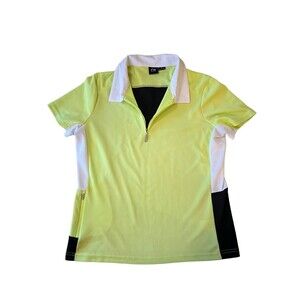 Nivo Lanctot Women’s Large Golf Polo Shirt Neon Yellow White Black Zip Front EUC